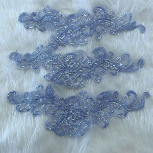 Lot Of 3 Light Blue Floral Appliqués‎ Beads And Faux Pearl Accents